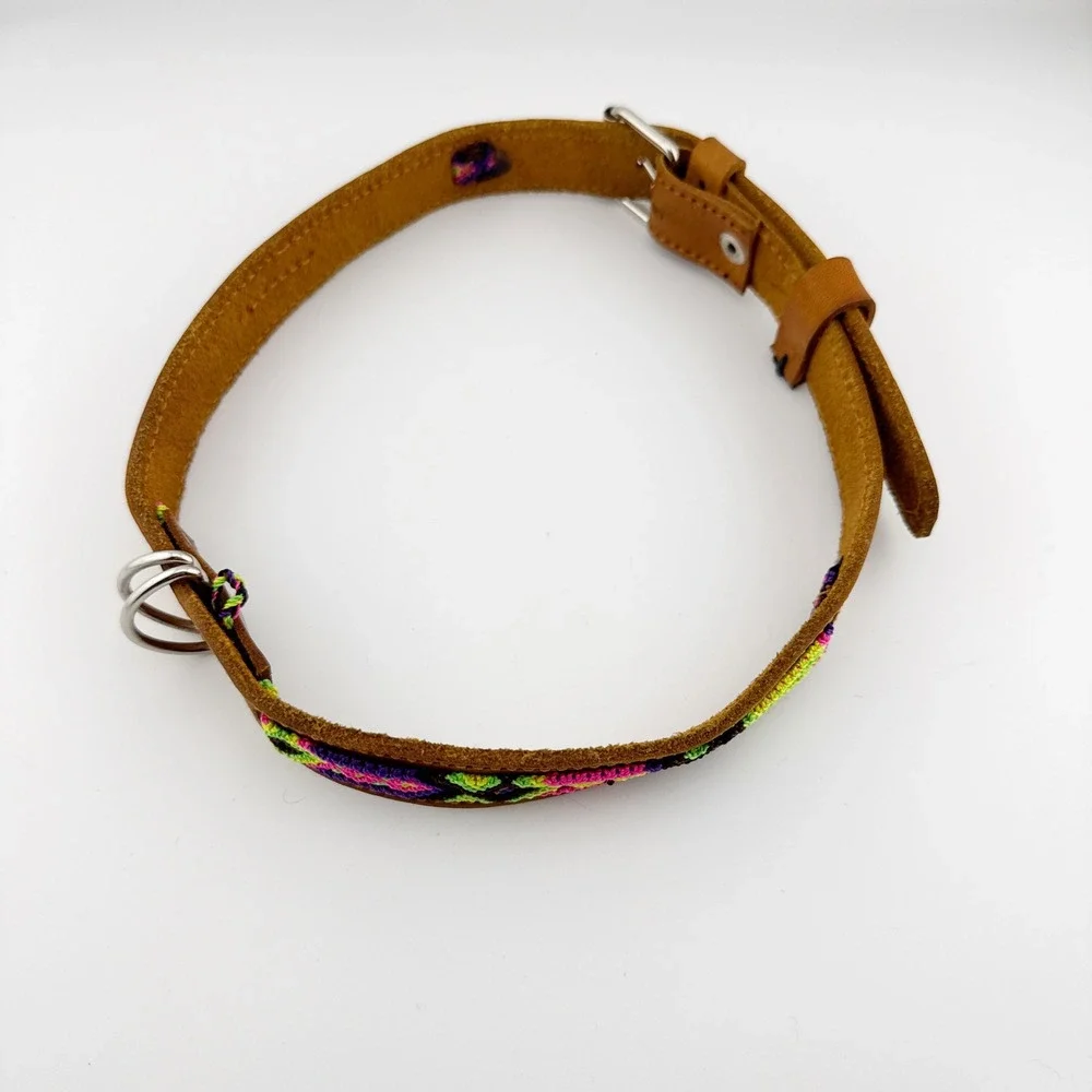 Genuine Leather Dog Collar‎ Woven Aztec Pattern Adjustable Metal Buckle D Ring